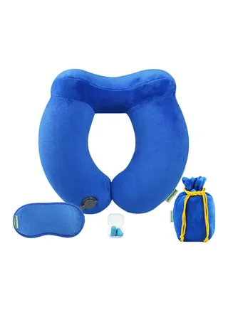 Inflatable Neck Pillow Travel Airplane Pillow With Ear Plugs Eye Mask And Drawstring Bag Blue 