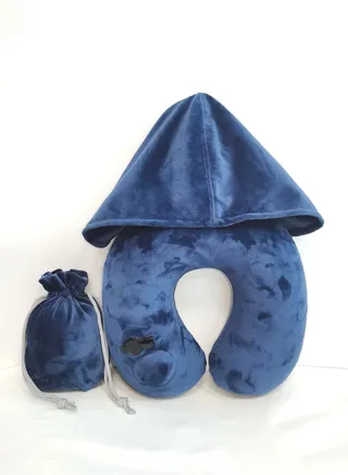 Inflatable Adjustable Comfort Hoodie Travel Pillow Navy Blue, Lightweight for Airplane, Soft luxury texture velvet hood keeps warm, Manual Press Pump Inflation and Auto-Deflation, Machine Washable 