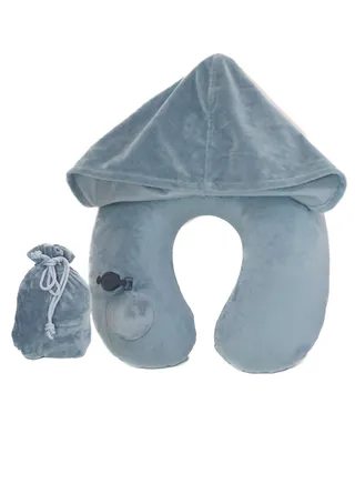 Inflatable Adjustable Comfort Hoodie Travel Pillow Light Grey, Lightweight for Airplane, Soft luxury texture velvet hood keeps warm, Manual Press Pump Inflation and Auto-Deflation, Machine Washable 