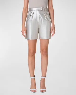 Fidia Metallic Leather Pleated Bermuda Shorts