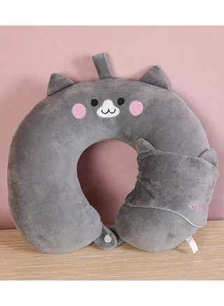Travel Pillow U Shaped with Sleeping Eye Cover (Gray) 