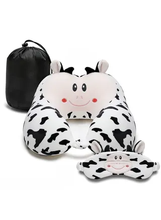 Travel Pillow for Kids and Adults, Lovely Animal Memory Foam Neck Pillow with Soft Fleece Cover and Eye Mask Set, Airplane Pillow Travel Kit with Drawstring Organizer Bag, Machine Washable (Cow) 