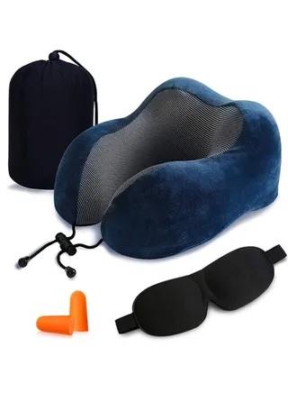 Womdee Travel Pillow 100% Pure Memory Foam Neck Pillow, Comfortable & Breathable Cover - Machine Washable, Airplane Travel Kit with 3D Sleep Mask, Earplugs, and Luxury Bag, Blue 