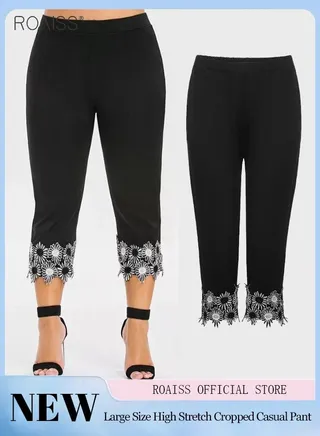 Women's Tight Stretch Capris High Waist Lace Decorative Leggings Summer Fashion Casual Pants 