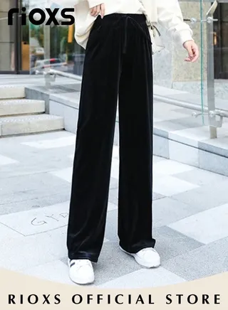 Women's Velvet High Waisted Pants Vintage Drawstring Wide and Straight Leg Trouser for Fall 