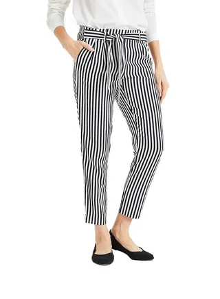Belted Striped Cropped Pants White/Navy 