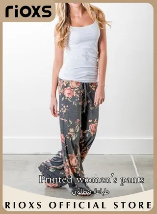 Women Casual Wide Leg Pant Floral Print Drawstring Mid Waist Trouser With Pockets 