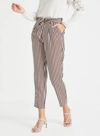 Belted Striped Cropped Pants White/Brown 