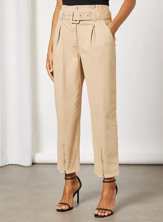 Belted Paperbag Straight Fit High Rise Pants Beige 