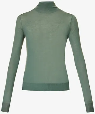 Womens Dark Sage High-neck Fine-knit Cashmere top