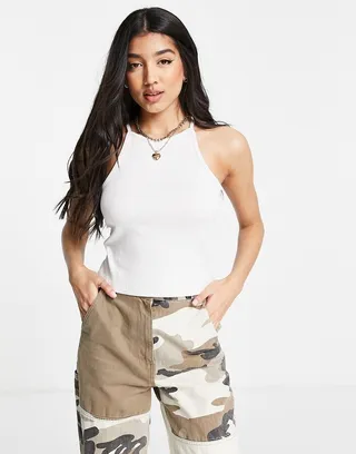 Pieces ribbed high neck tank top in white