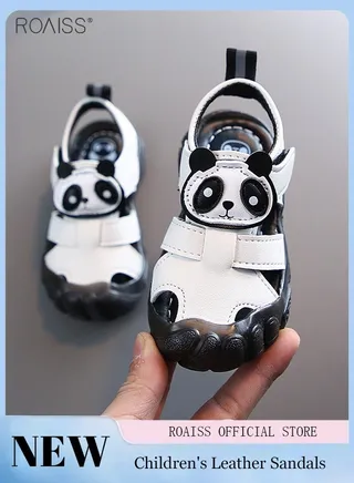 Children's Closed Toe PU Sandals Lovely Panda Shape Beach Shoes Side Hollowed Out Toddler Shoes Soft Non Slip Sole 