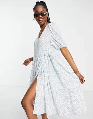 Monki puff sleeve wrap dress in blue flower print