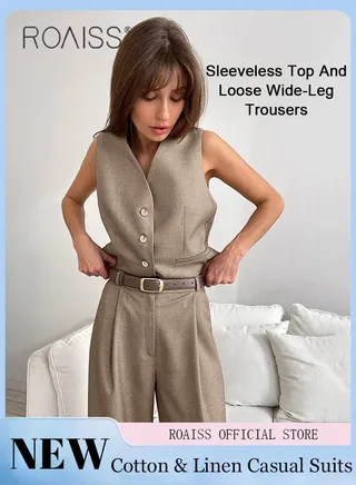 2 Piece Women Suit Set Cotton Linen Fabric Sleeveless Vest Top and Loose Wide Leg Trousers Casual Suit Set for Women Loose Fit Design Inclusive for All Body Types Suitable for School and Work 