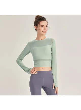 Mesh Splicing Long Sleeves Athletic T-Shirt Green 