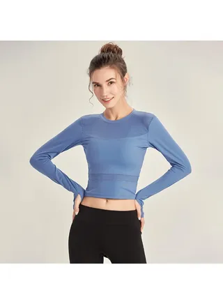 Mesh Splicing Long Sleeves T-Shirt Blue 
