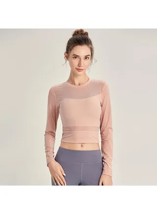 Mesh Splicing Long Sleeves Athletic T-Shirt Pink 