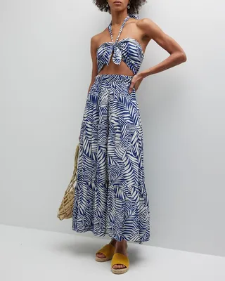 Palm Leaf Cutout Halter Maxi Dress