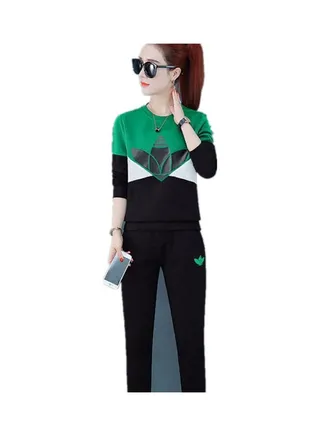 Printed Long Sleeves Trousers And Sweater Set Green/White/Black 