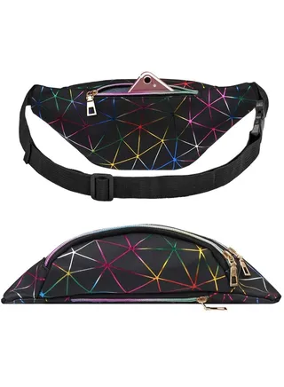 Waist Bag, Holographic Pack with PU Leather, Shiny Belt Bag Festival Rave Bumbags with 1 Business Card Holder for Ladies Travel Party Sports Running Hiking(Black) 