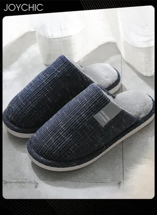 Men's Autumn and Winter Cotton Breathable Home Indoor Slippers Soft Sole Thickened Plush Warm Bedroom Slippers Dark Blue 
