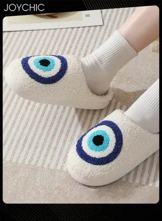 New Style Evil Eyes Pattern Comfortable Home Indoor Slippers Autumn and Winter Warm Non-slip Thick-soled Soft Bedroom Cotton Slippers for Couples Men Women White+Blue 