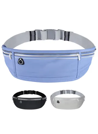 Slim Running Belt for Phone, Workout Fanny Pack for Women Men, Large Capacity Runner Waist Bag with 3 Pouches, No Bounce Running Pouch for Walking, Cycling, Walking, Gym (Pale Blue) 