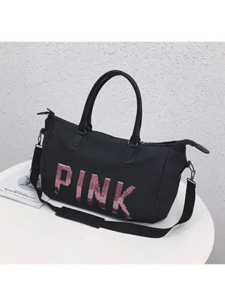 Gym Bag for Women,Pink Letters Pattern Waterproof Oxford Fabric Crossbody Bag,Large Capacity Sports Duffel Bag. Yoga Travel Handbag,Black Sports Bags & Backpacks,Shoulder Bag 