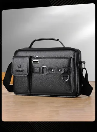 Men's Retro Horizontal Shoulder Bag Portable Business Leather Waterproof and Wear Resistant Crossbody Bag with Adjustable Straps for Work Office Black 