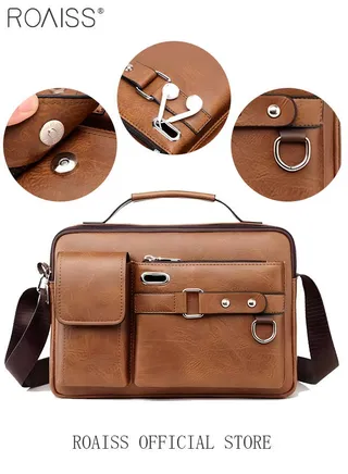 Business Messenger Shoulder Bag PU Leather Retro Chic Handbag Casual Portable Zipper Crossbody Shoulder Bag Husband Gift for Men Travel Work Office 