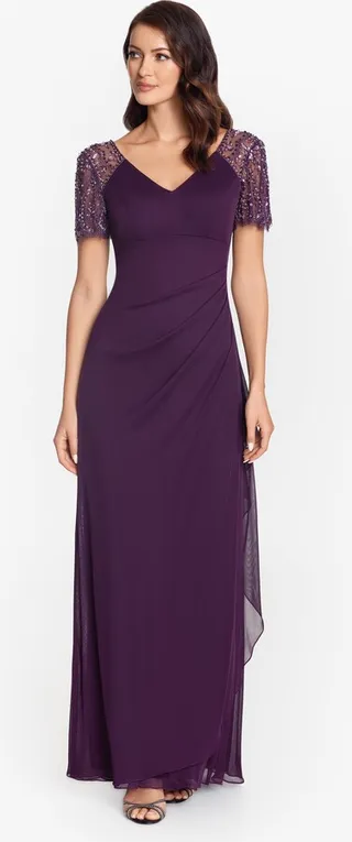 Long Beaded Flutter Sleeve Dress
