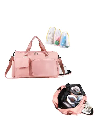 Sports Gym Bag, Foldable Overnight Weekend Bags for Men Women, Lightweight Shoulder Bag with Wet and Dry Separation Bag, Large Holdall Cabin Gym Bag for Sports and Trave(Pink) 