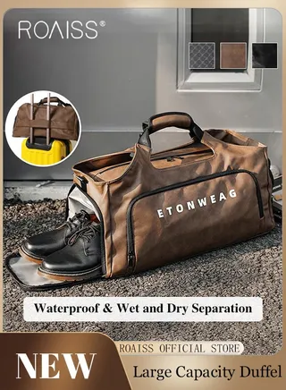 Unisex Multifunctional Large Capacity Fitness Bag Dry and Wet Separation Independent Shoe Position Sports Shoulder Bag PU Leather Waterproof Business Travel Luggage Bag 