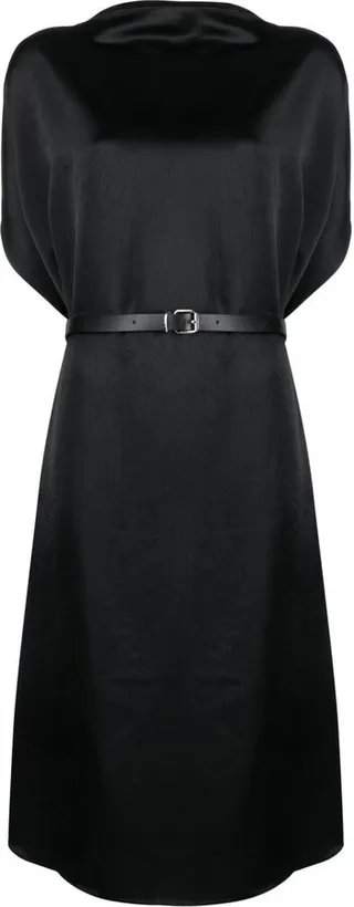 Belted Draped Satin Midi Dress