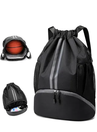 Unisex Drawstring Backpack Waterproof Sports Bag Large Oxford Gym Bag Student Backpack Durable Sports Ball Bag with Shoe Compartment Suitable for Basketball Football Holidays School Black 