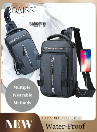 Men Crossbody Sling Bag Travel Chest Bags with USB Charging Port Waterproof Casual Daypack Outdoor Sling Bag Hiking Backpack for Men Outdoor Travel Business Casual Work Office 