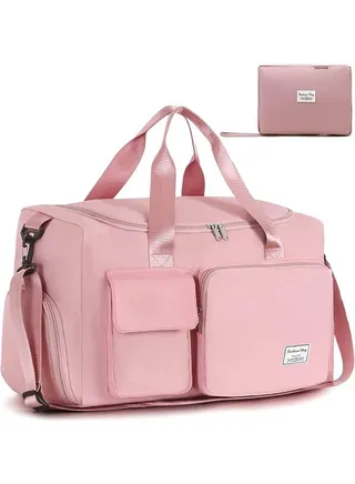 Foldable Gym Travel Duffel Bag, Dry Wet Separated Sport Duffle Bags Yoga Bag, Carry On Bag with Shoe Compartment Travel Weekender Bag (Pink) 