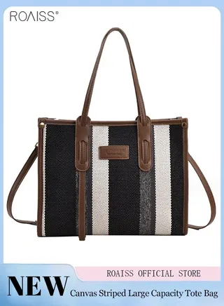 Women's Contrasting Texture Canvas Tote Bag Pu Leather Stitching Large Capacity Shoulder Bag Multi Pocket Adjustable Shoulder Strap Handbag 