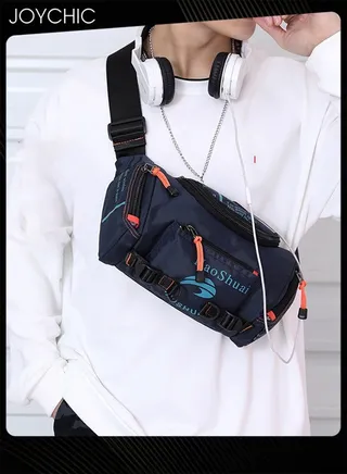 Trendy Street Style Large Capacity Men Chest Bag Multi-functional Nylon Waterproof and Wear Resistant Shoulder Crossbody Dual-purpose Backpack with Headphone Jack for Outdoor Sports Climbing 