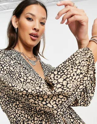 Topshop leopard print button front long sleeve tea top in brown