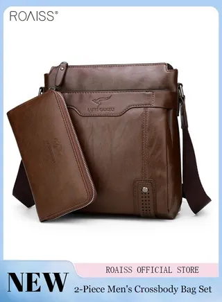 2-Piece Men's Business Leather Shoulder Bag Same Color Zipper Closure Wallet Combination Adjustable Shoulder Strap Crossbody Bag 