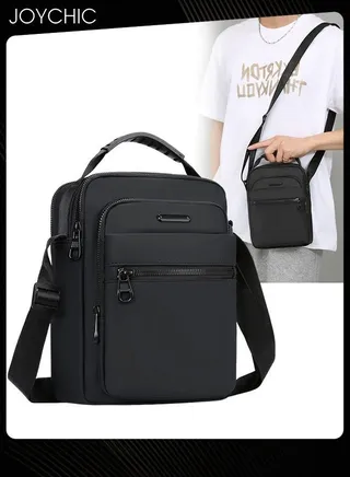 Classic Solid Color Crossbody Bag for Men Multi Pockets Shoulder Bag Daypack Waterproof and Wear Resistant Handbag with Detachable Straps for Travel Hiking Office Black 
