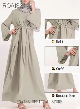 Abaya with Belt for Women Ladies Long Sleeve Dress Classic Style Long Sleeve Tunic Round Neck Casual Elegant Dress for Daily Outfit 