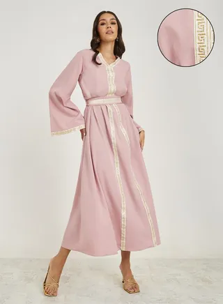 Lace Trim Flute Sleeves Kaftan with Tie Belt 