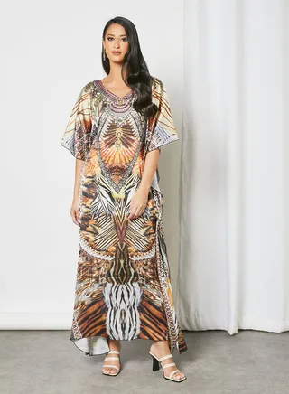 Trendy Modest V-Neck Printed Kaftan Multicolour 