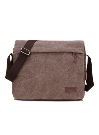 Zipper Closure Canvas Messenger Bag Brown 