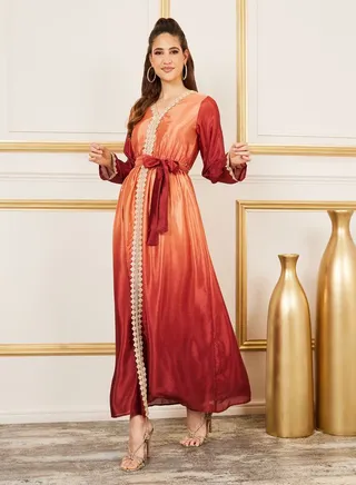 Ombre Print Lace Detail Kaftan with Self Tie Up 