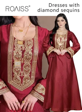 Women Embroidered Robe Maxi Dresses Stylish Abaya Square Collar Dress Middle East Arabic Banquet Wedding Party Dress Women's Festival Clothing Red 
