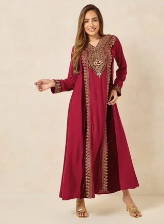 Embroidered Jalabiya with V Neck 