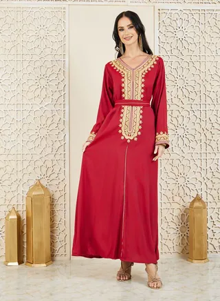 Embroidered Neck Kaftan with Self Tie Belt 